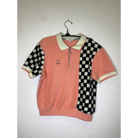 Vans Short Sleeve Pink Checkerboard Skater Retro 1/4 Zip Polo Top EUC SzS Cotton - Picture 1 of 10